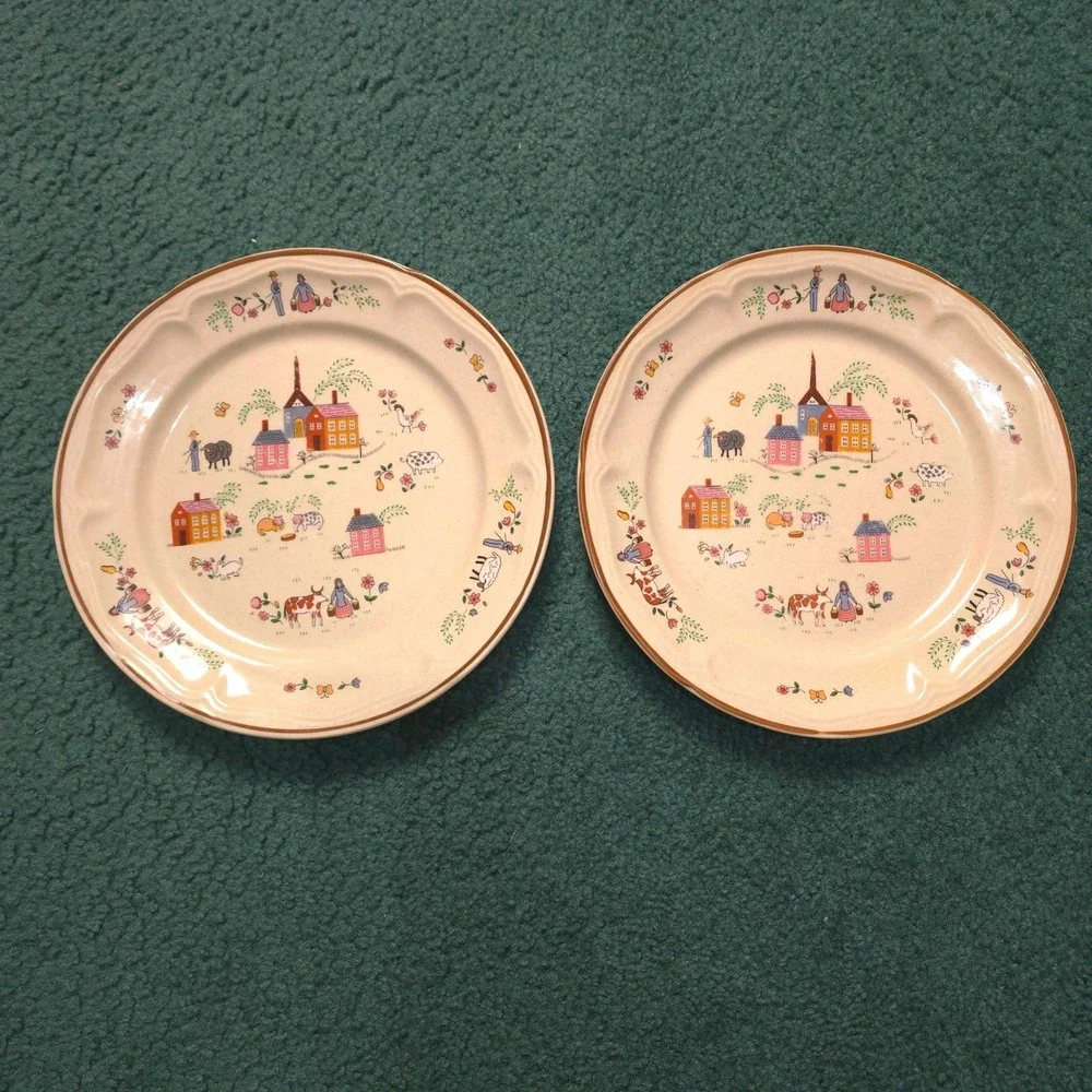 Vintage 1986 Newcor Our Country Stoneware Dinner Plates 6004 Set of 2 Folk Art